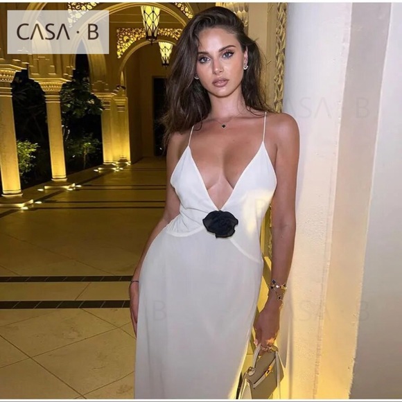 SOON to CASA B✨Madeline Sheer Floral Appliqué Deep V Long Slip Sheath Maxi Dress - Picture 5 of 13